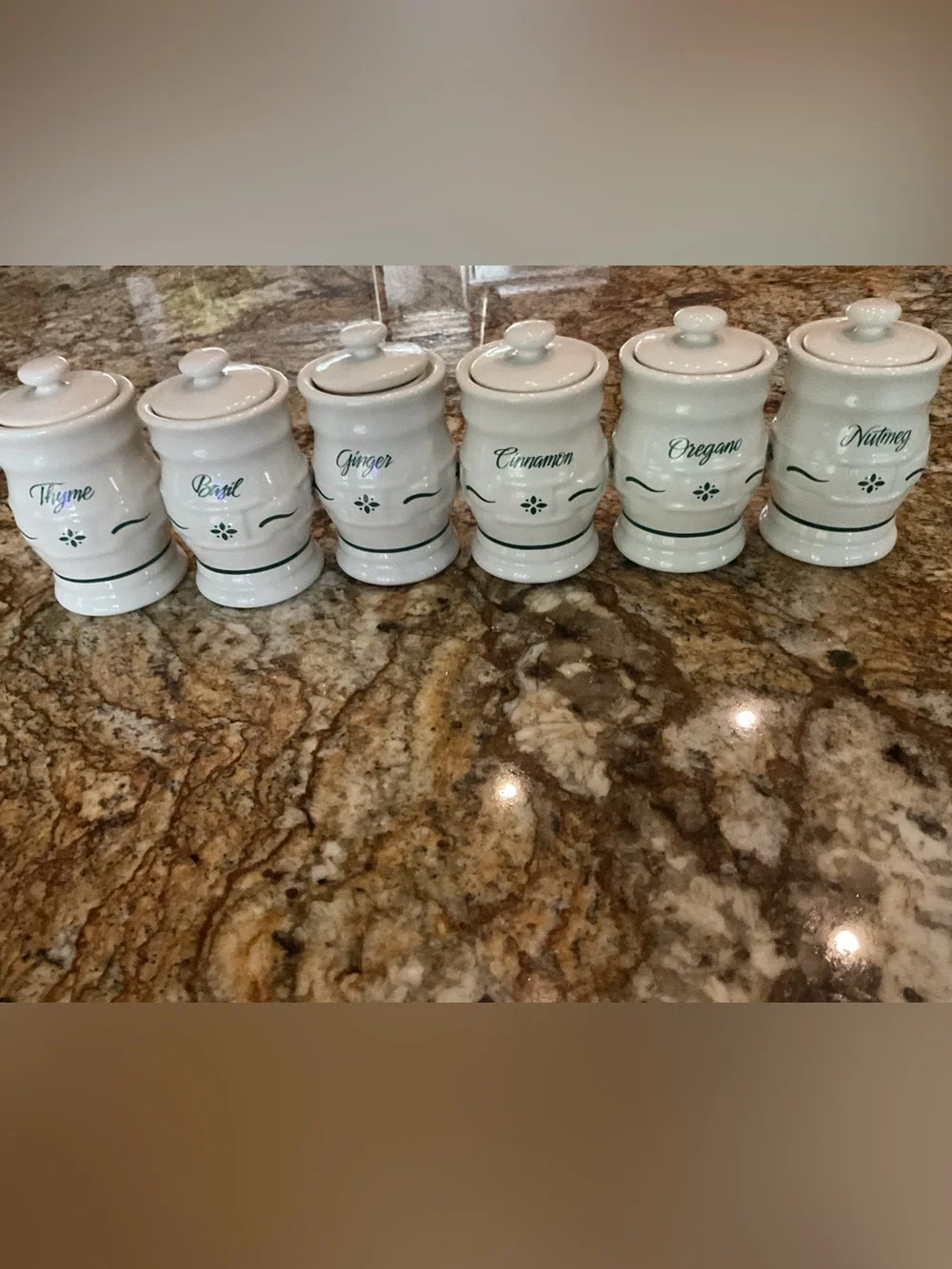Longaberger Ceramic Spice Jars in Cream with Green Script